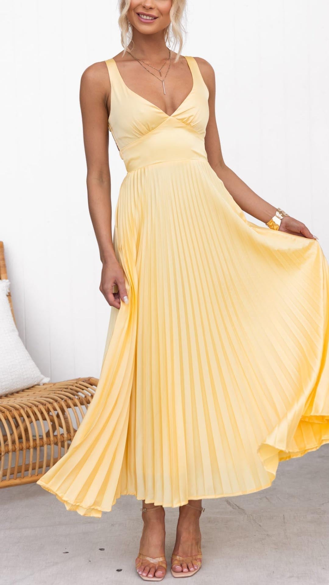 DELPHINE | PLEATED V-NECK MAXI DRESS FOR WOMEN