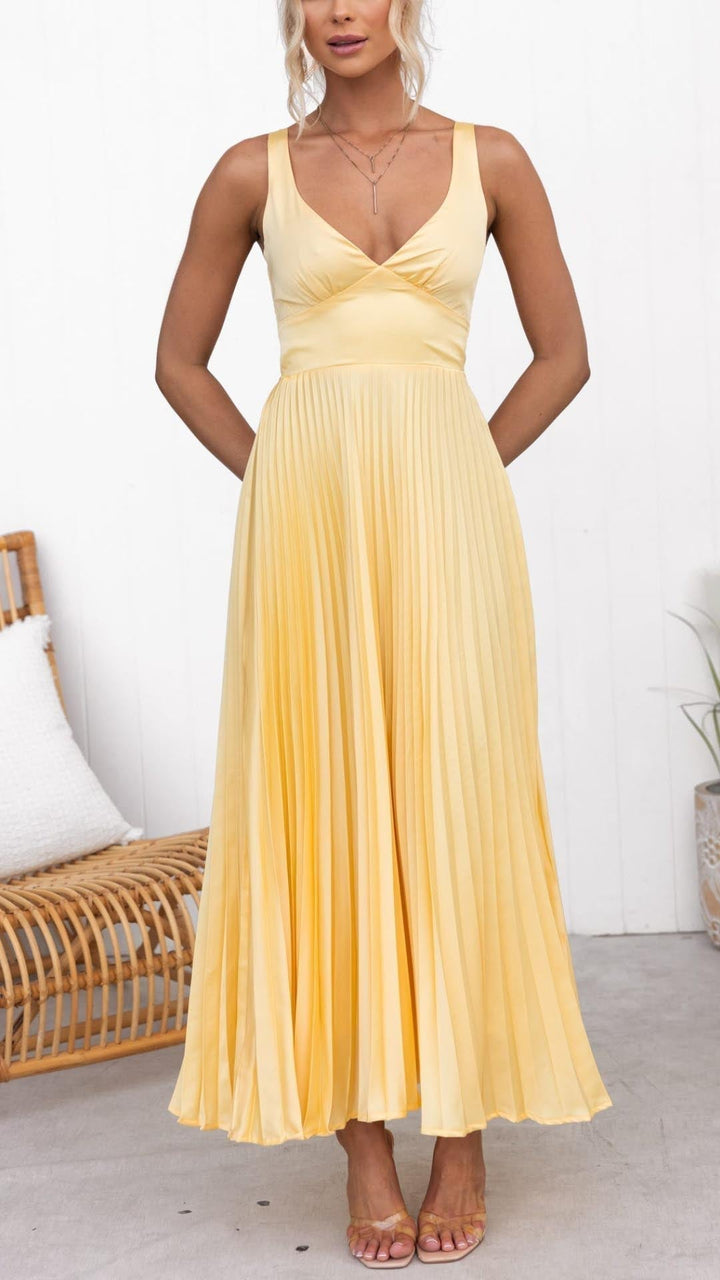 DELPHINE | PLEATED V-NECK MAXI DRESS FOR WOMEN