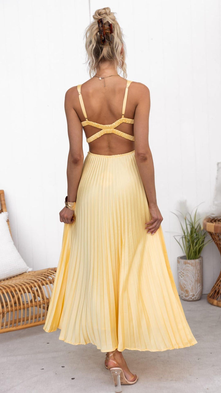 DELPHINE | PLEATED V-NECK MAXI DRESS FOR WOMEN