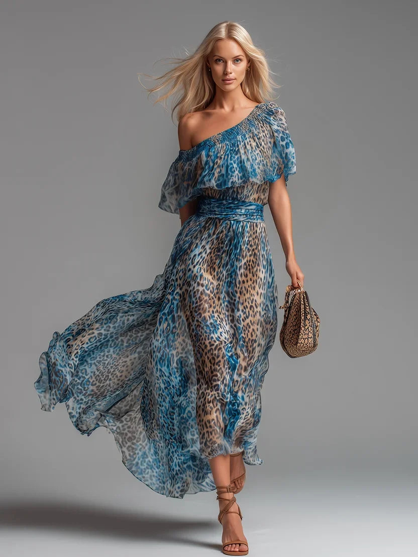 AMARA | ONE-SHOULDER LEOPARD MAXI DRESS FOR WOMEN