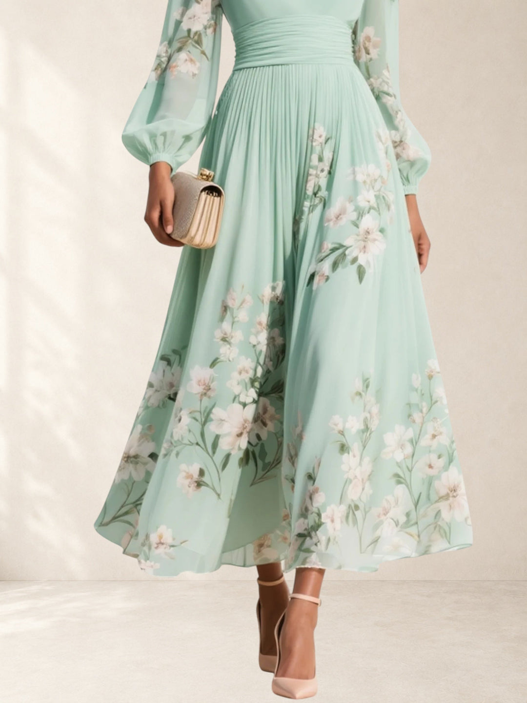 INGRID | V-NECK PLEATED FLORAL DRESS FOR WOMEN