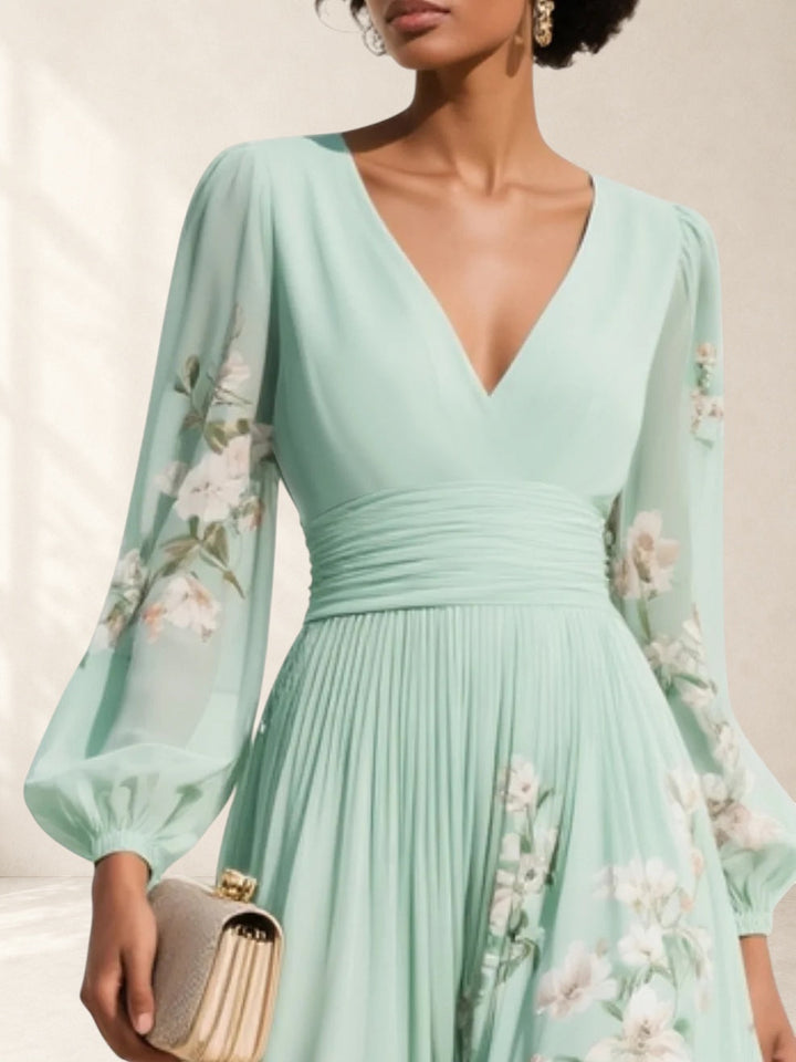 INGRID | V-NECK PLEATED FLORAL DRESS FOR WOMEN