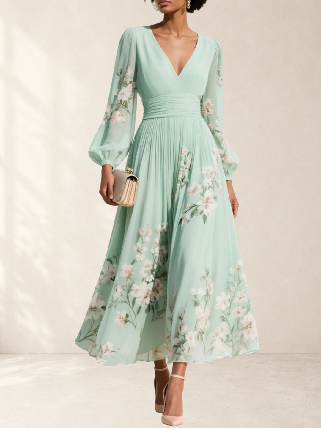 INGRID | V-NECK PLEATED FLORAL DRESS FOR WOMEN