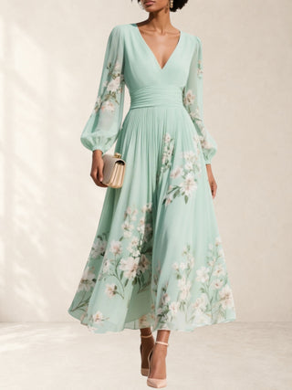 INGRID | V-NECK PLEATED FLORAL DRESS FOR WOMEN