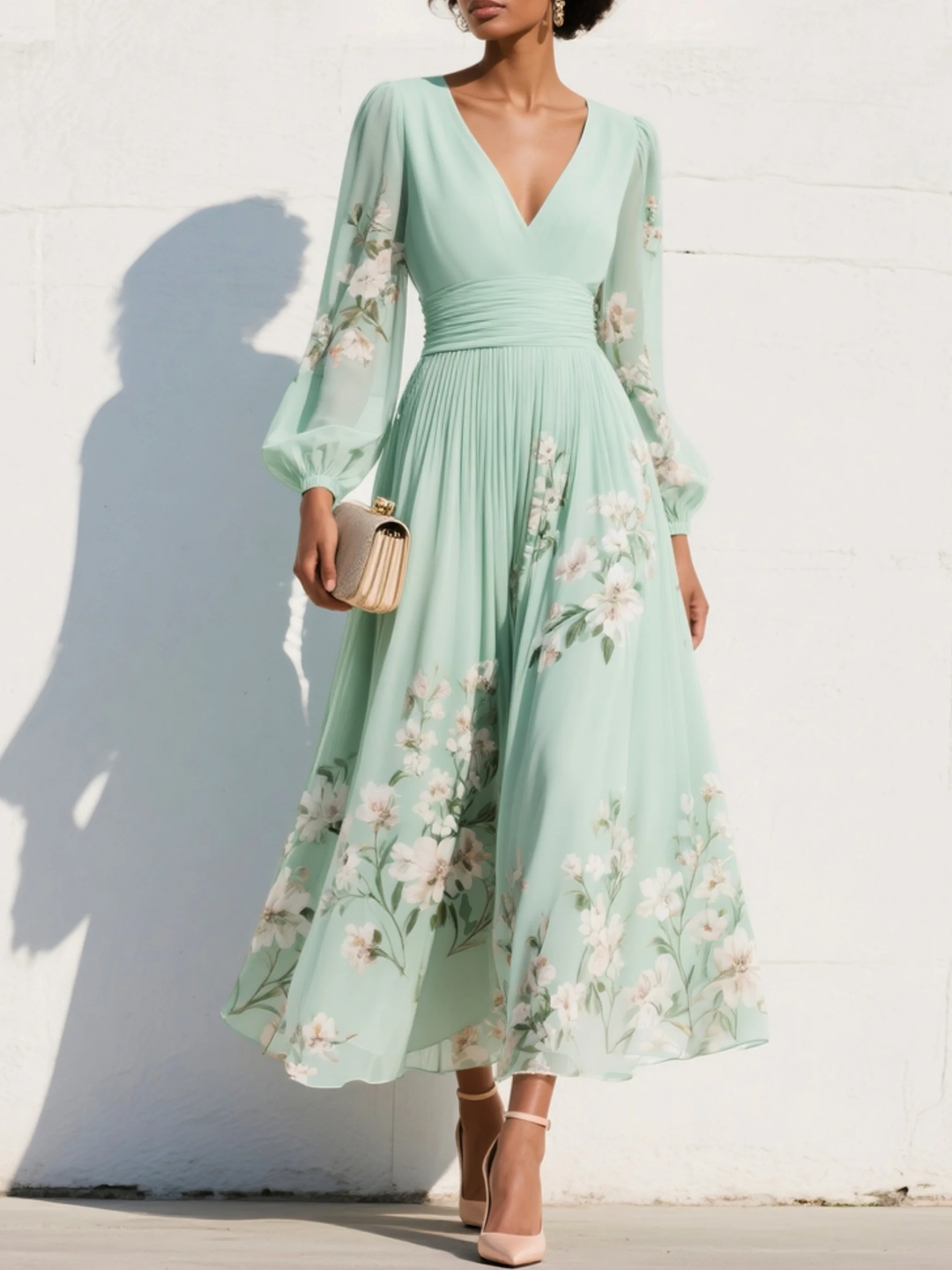 OLYMPE | PUFF SLEEVE MIDI DRESS FOR WOMEN