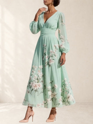 INGRID | V-NECK PLEATED FLORAL DRESS FOR WOMEN
