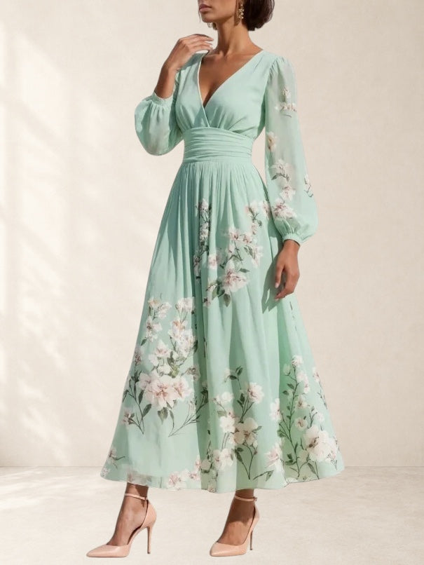 INGRID | V-NECK PLEATED FLORAL DRESS FOR WOMEN