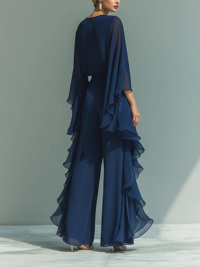 ODETTE | CHIFFON RUFFLE-SLEEVE WIDE-LEG SET FOR WOMEN