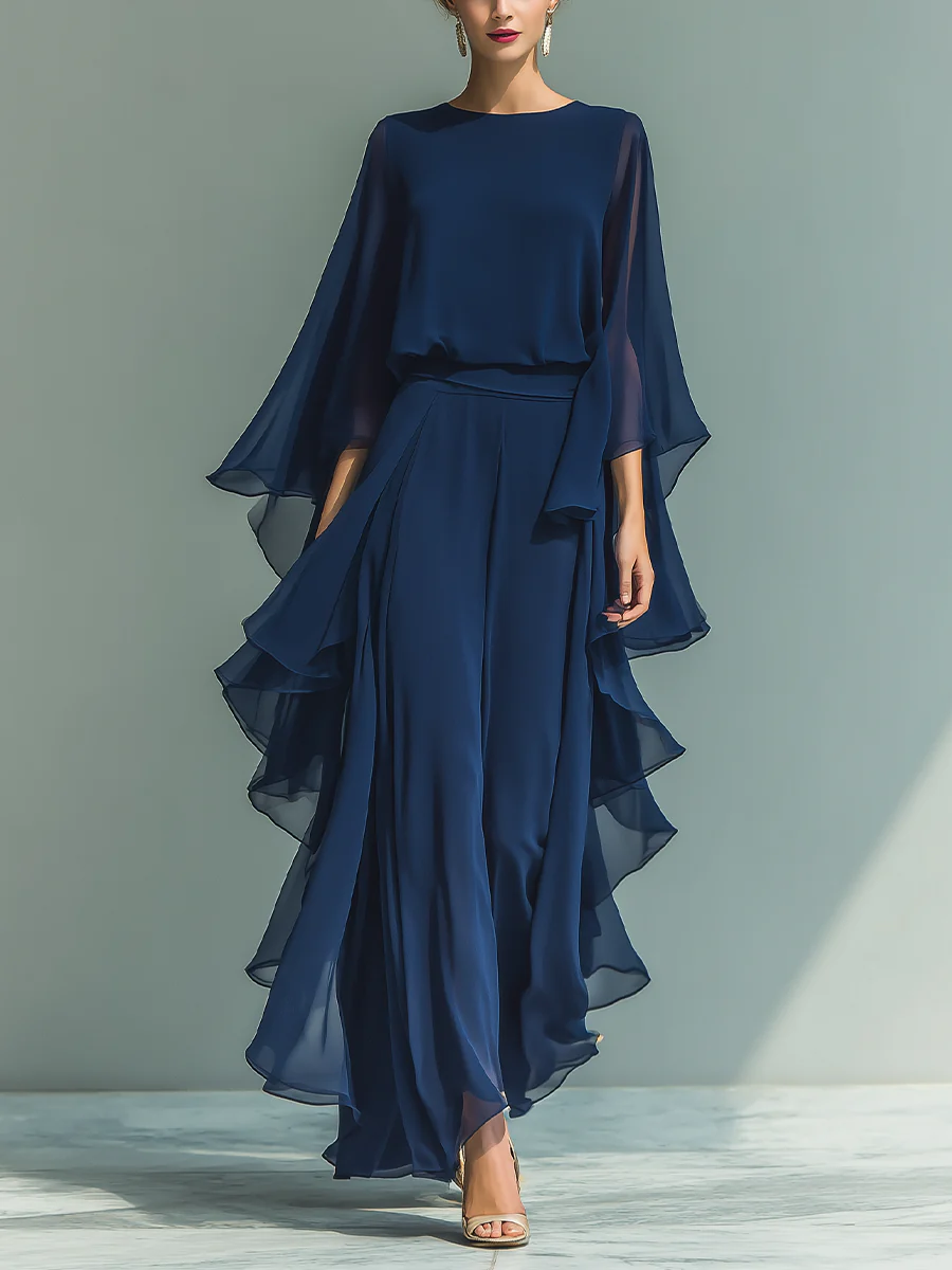 ODETTE | CHIFFON RUFFLE-SLEEVE WIDE-LEG SET FOR WOMEN