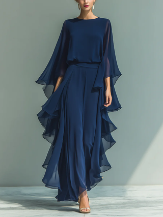 ODETTE | CHIFFON RUFFLE-SLEEVE WIDE-LEG SET FOR WOMEN