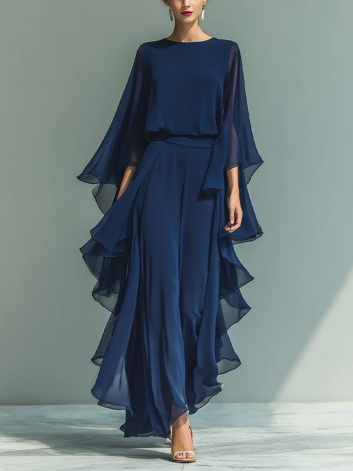 ODETTE | CHIFFON RUFFLE-SLEEVE WIDE-LEG SET FOR WOMEN