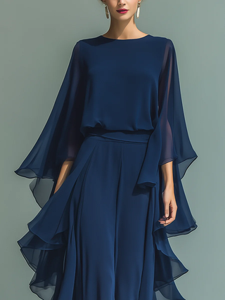 ODETTE | CHIFFON RUFFLE-SLEEVE WIDE-LEG SET FOR WOMEN