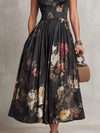 BLACK | FLORAL PLEATED MIDI DRESS FOR WOMEN