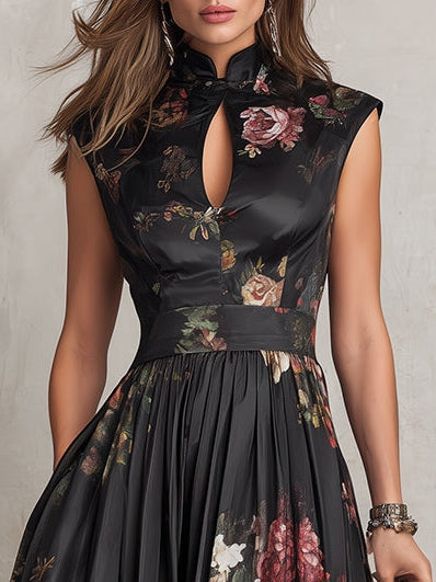 BLACK | FLORAL PLEATED MIDI DRESS FOR WOMEN