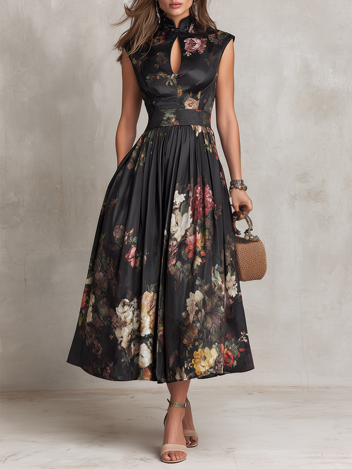 BLACK | FLORAL PLEATED MIDI DRESS FOR WOMEN