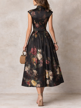 BLACK | FLORAL PLEATED MIDI DRESS FOR WOMEN