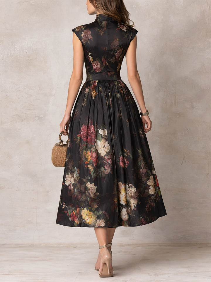 BLACK | FLORAL PLEATED MIDI DRESS FOR WOMEN