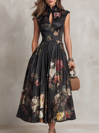 BLACK | FLORAL PLEATED MIDI DRESS FOR WOMEN