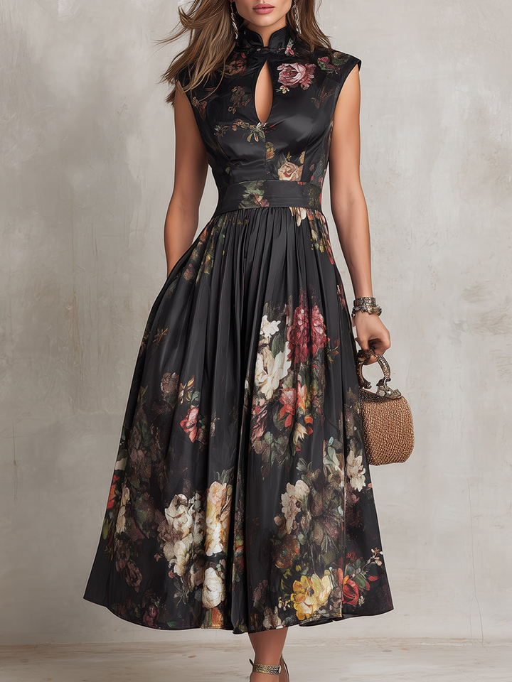 BLACK | FLORAL PLEATED MIDI DRESS FOR WOMEN