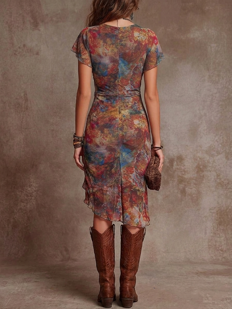 BOHEMIAN | V-NECK PLEATED MIDI DRESS FOR WOMEN