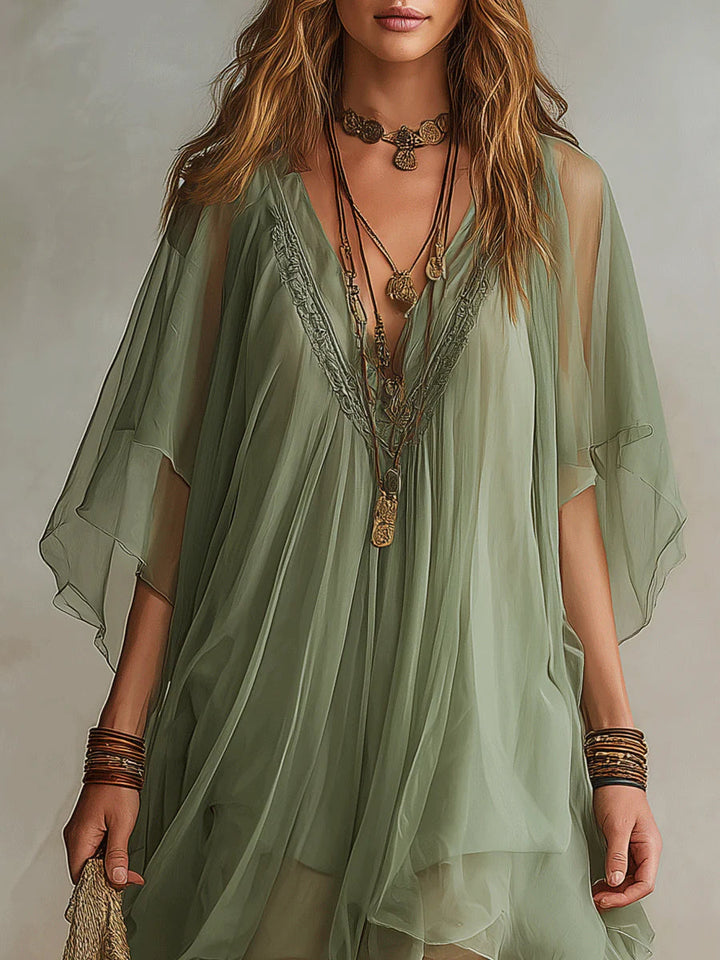 SAGE | FLOWING CHIFFON V-NECK DRESS FOR WOMEN