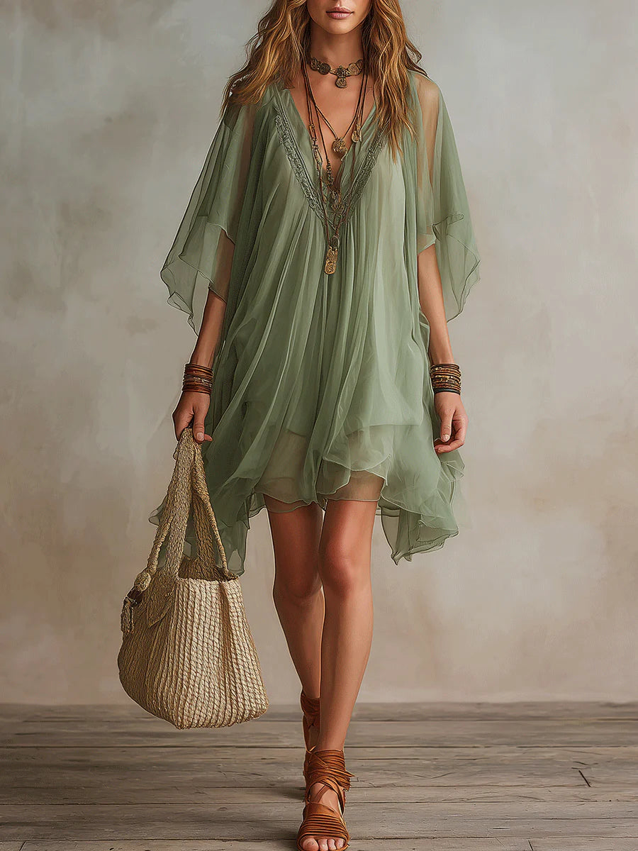 SAGE | FLOWING CHIFFON V-NECK DRESS FOR WOMEN