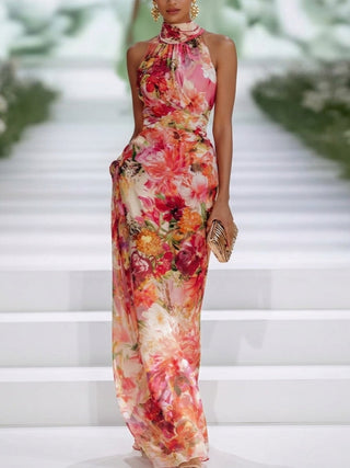 RED | CHIFFON FLORAL MAXI DRESS FOR WOMEN