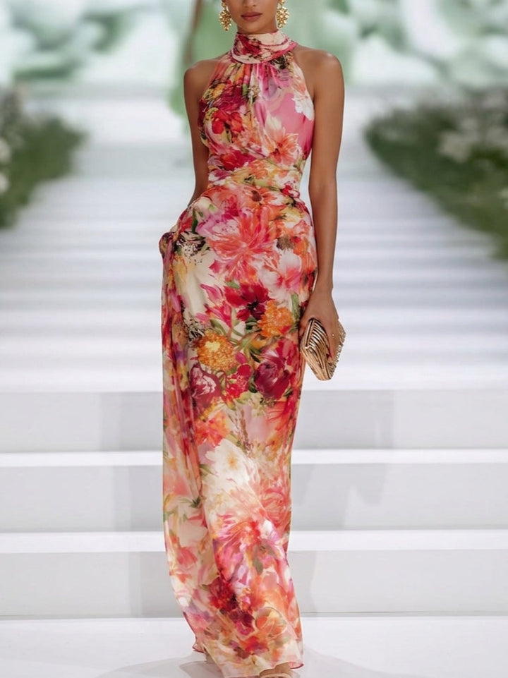 RED | CHIFFON FLORAL MAXI DRESS FOR WOMEN