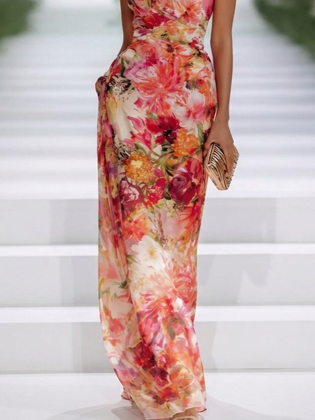 RED | CHIFFON FLORAL MAXI DRESS FOR WOMEN