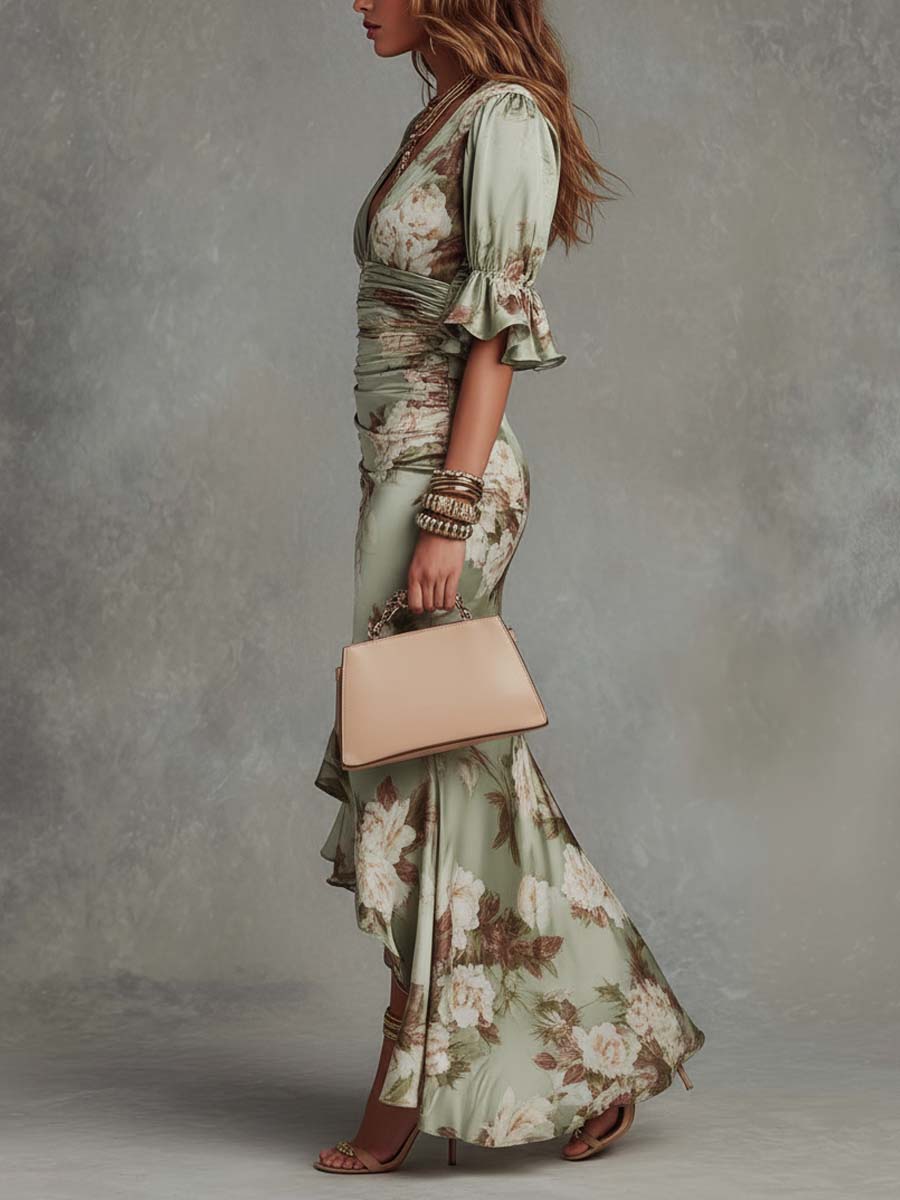 GREEN | FLORAL SLEEVE V-NECK DRESS FOR WOMEN