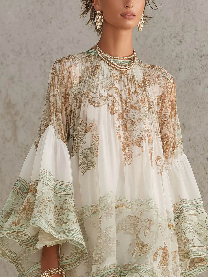 GREEN | PRINT RUFFLE SLEEVE DRESS FOR WOMEN
