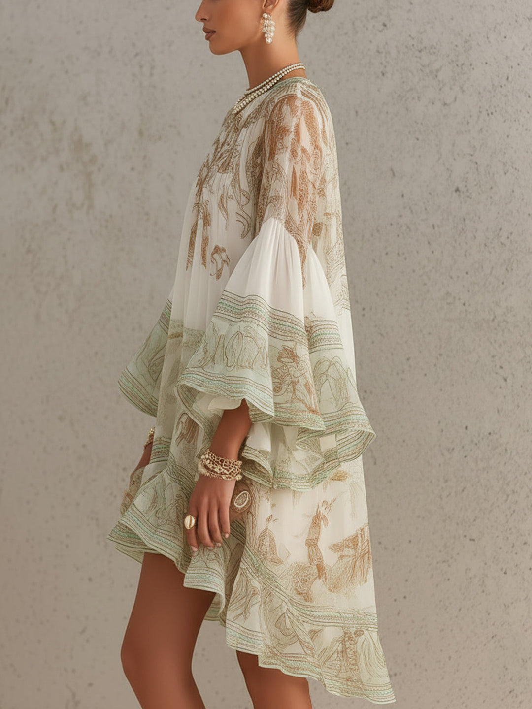 GREEN | PRINT RUFFLE SLEEVE DRESS FOR WOMEN