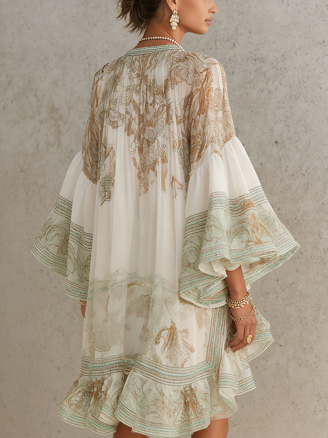 GREEN | PRINT RUFFLE SLEEVE DRESS FOR WOMEN