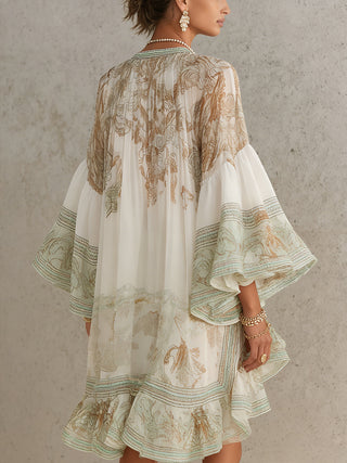 GREEN | PRINT RUFFLE SLEEVE DRESS FOR WOMEN