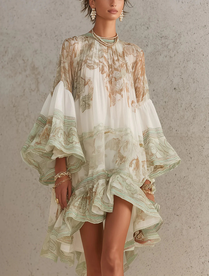 GREEN | PRINT RUFFLE SLEEVE DRESS FOR WOMEN