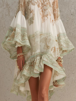 GREEN | PRINT RUFFLE SLEEVE DRESS FOR WOMEN