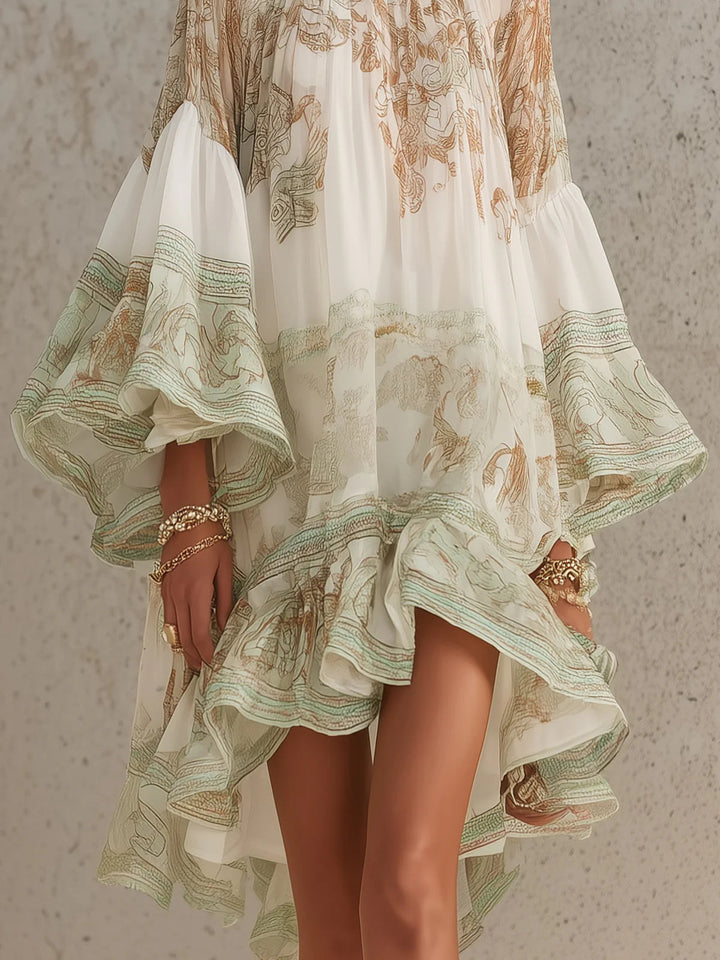 GREEN | PRINT RUFFLE SLEEVE DRESS FOR WOMEN