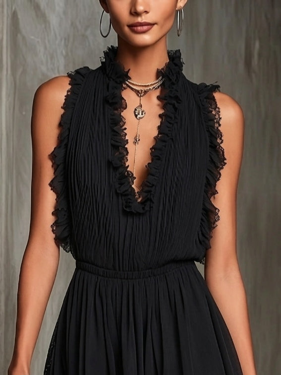 JADWIGA | BLACK RUFFLED MINI JUMPSUIT FOR WOMEN