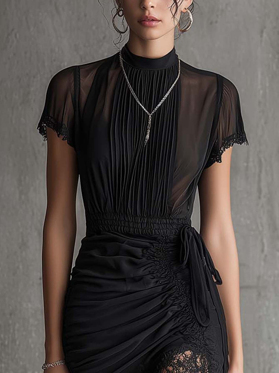 BLACK | CHIFFON PLEATED WAIST DRESS FOR WOMEN
