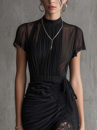 BLACK | CHIFFON PLEATED WAIST DRESS FOR WOMEN