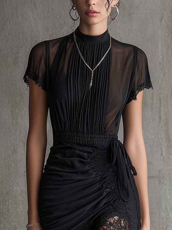 BLACK | CHIFFON PLEATED WAIST DRESS FOR WOMEN