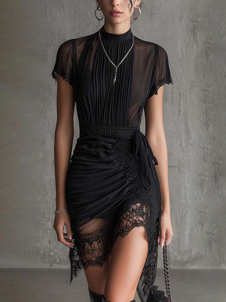 BLACK | CHIFFON PLEATED WAIST DRESS FOR WOMEN