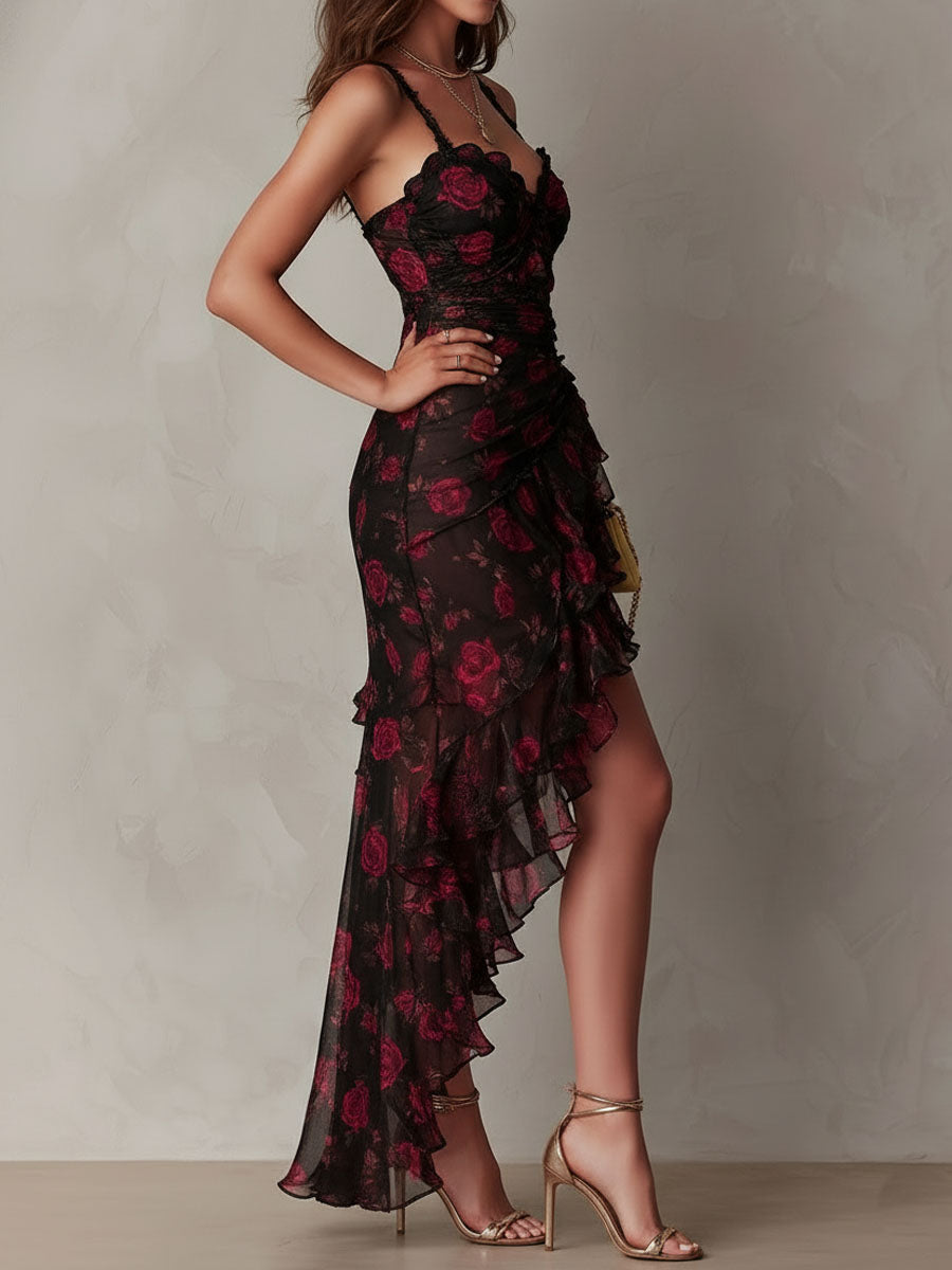 JANNEKE | BLACK RED FLORAL DRESS FOR WOMEN