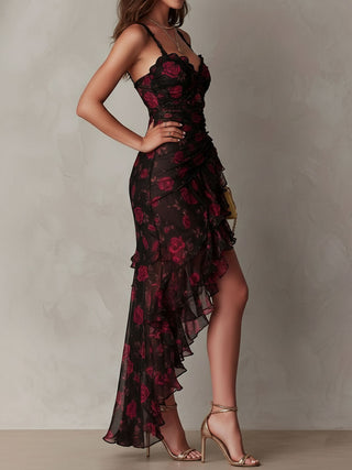 JANNEKE | BLACK RED FLORAL DRESS FOR WOMEN