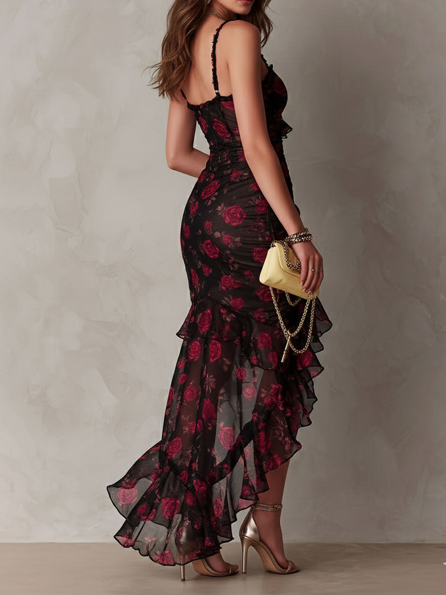 JANNEKE | BLACK RED FLORAL DRESS FOR WOMEN