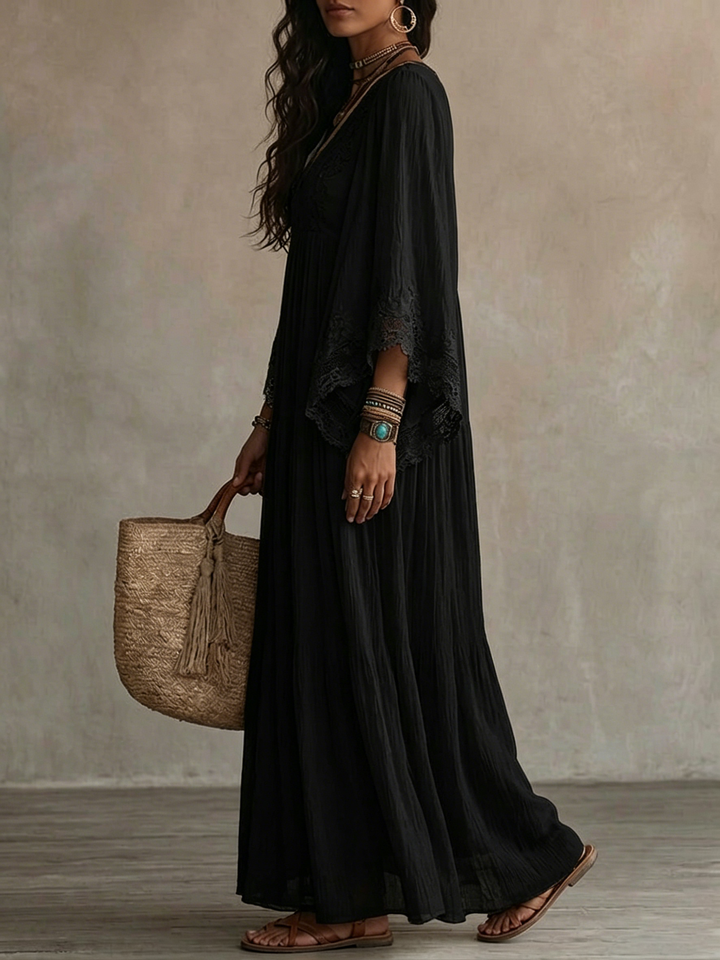 AMBRA | BLACK V-NECK MAXI DRESS FOR WOMEN