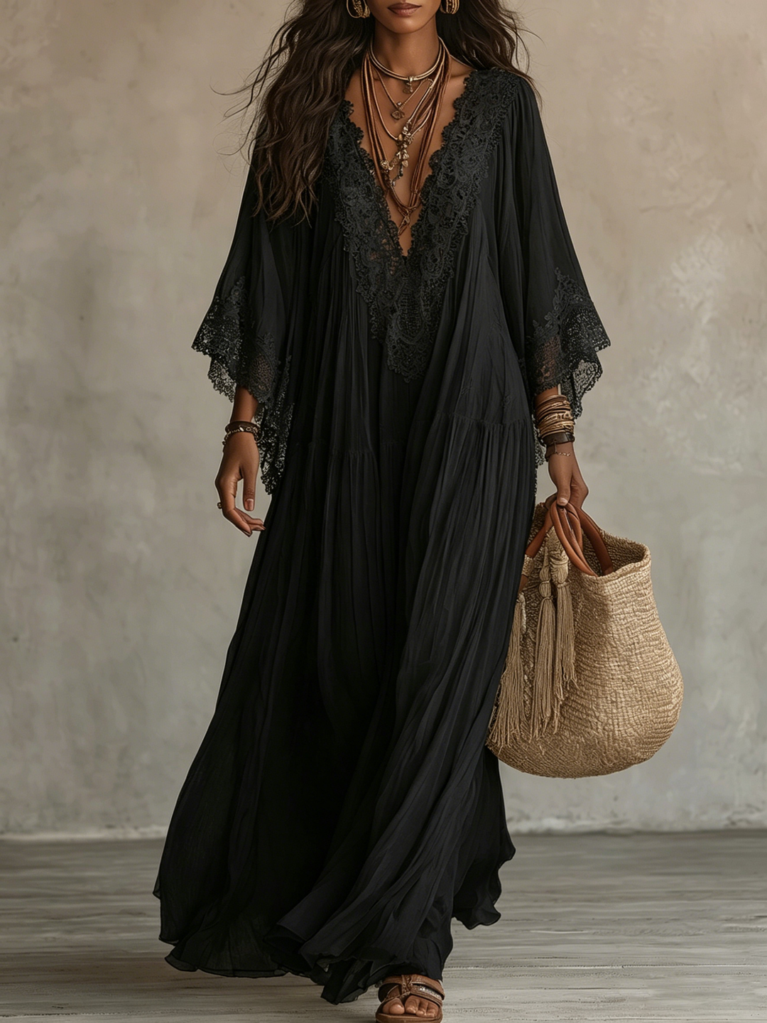 AMBRA | BLACK V-NECK MAXI DRESS FOR WOMEN