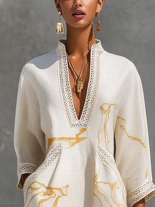 V-NECK | IVORY GOLD PRINT DRESS FOR WOMEN