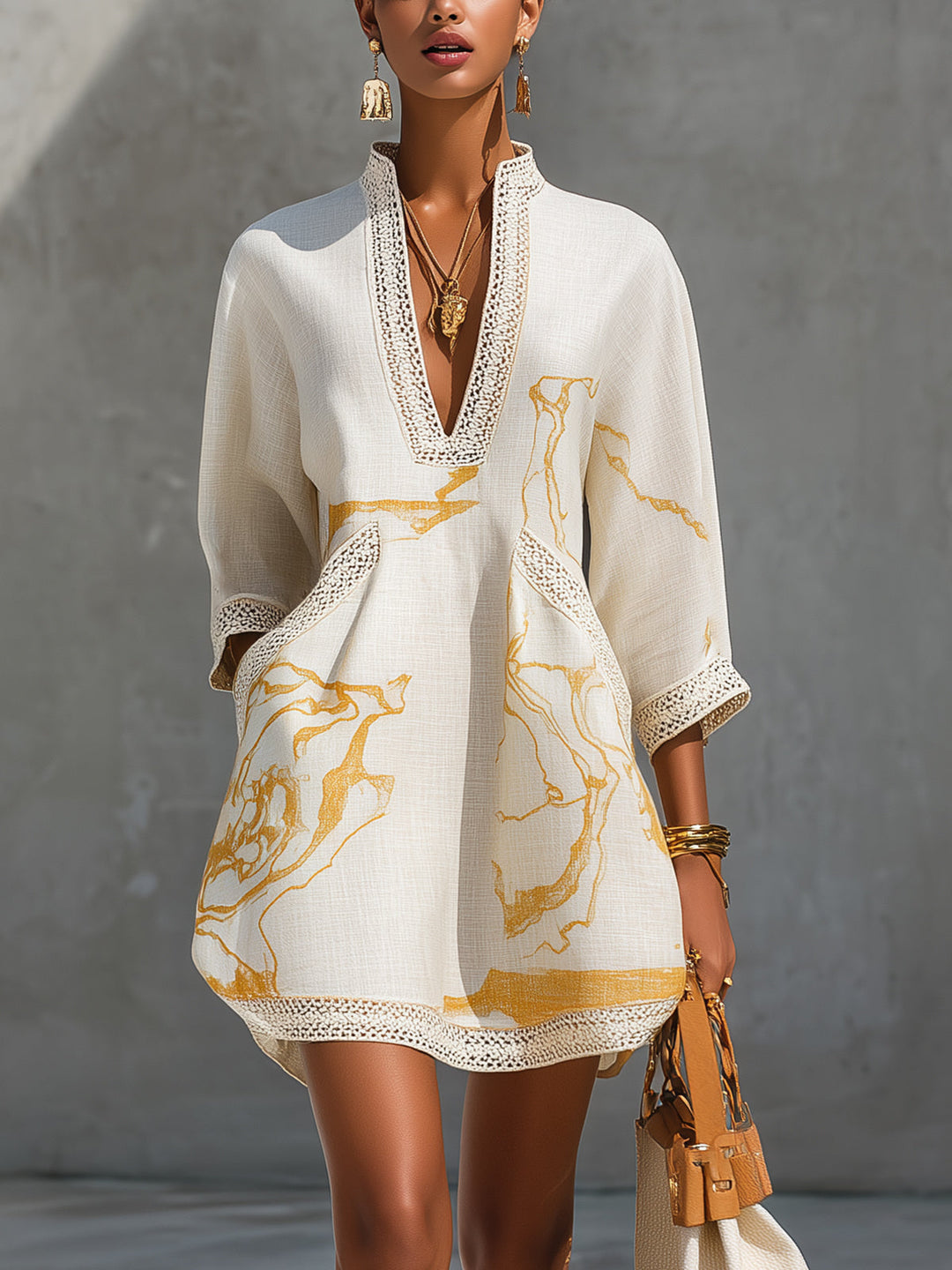 V-NECK | IVORY GOLD PRINT DRESS FOR WOMEN