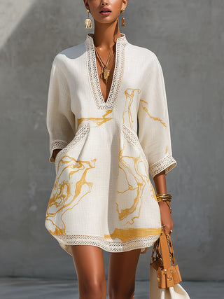 V-NECK | IVORY GOLD PRINT DRESS FOR WOMEN